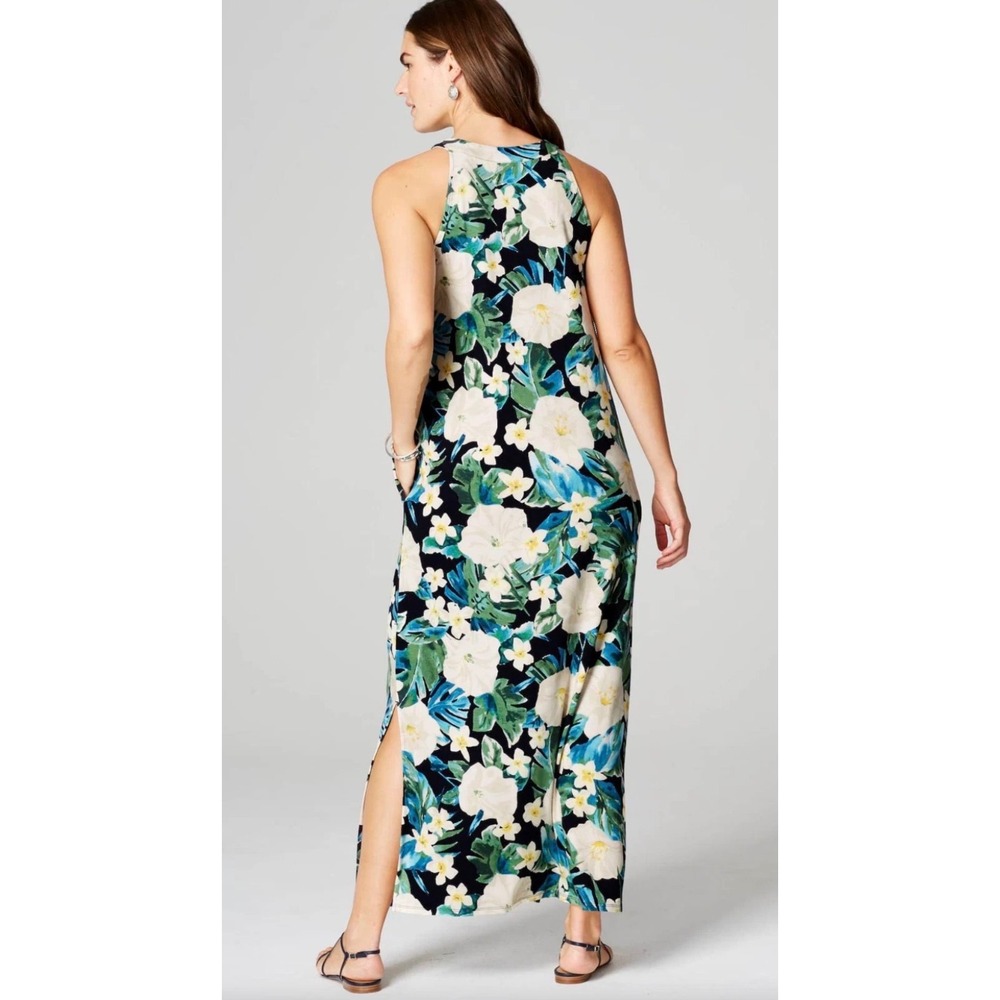 J. Jill Halter Maxi Dress Size L Sleeveless Tropical Floral Pockets Stretchy - Picture 2 of 14